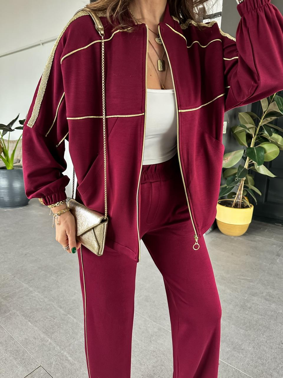 Bordo Gold İşlemeli Premium Takım