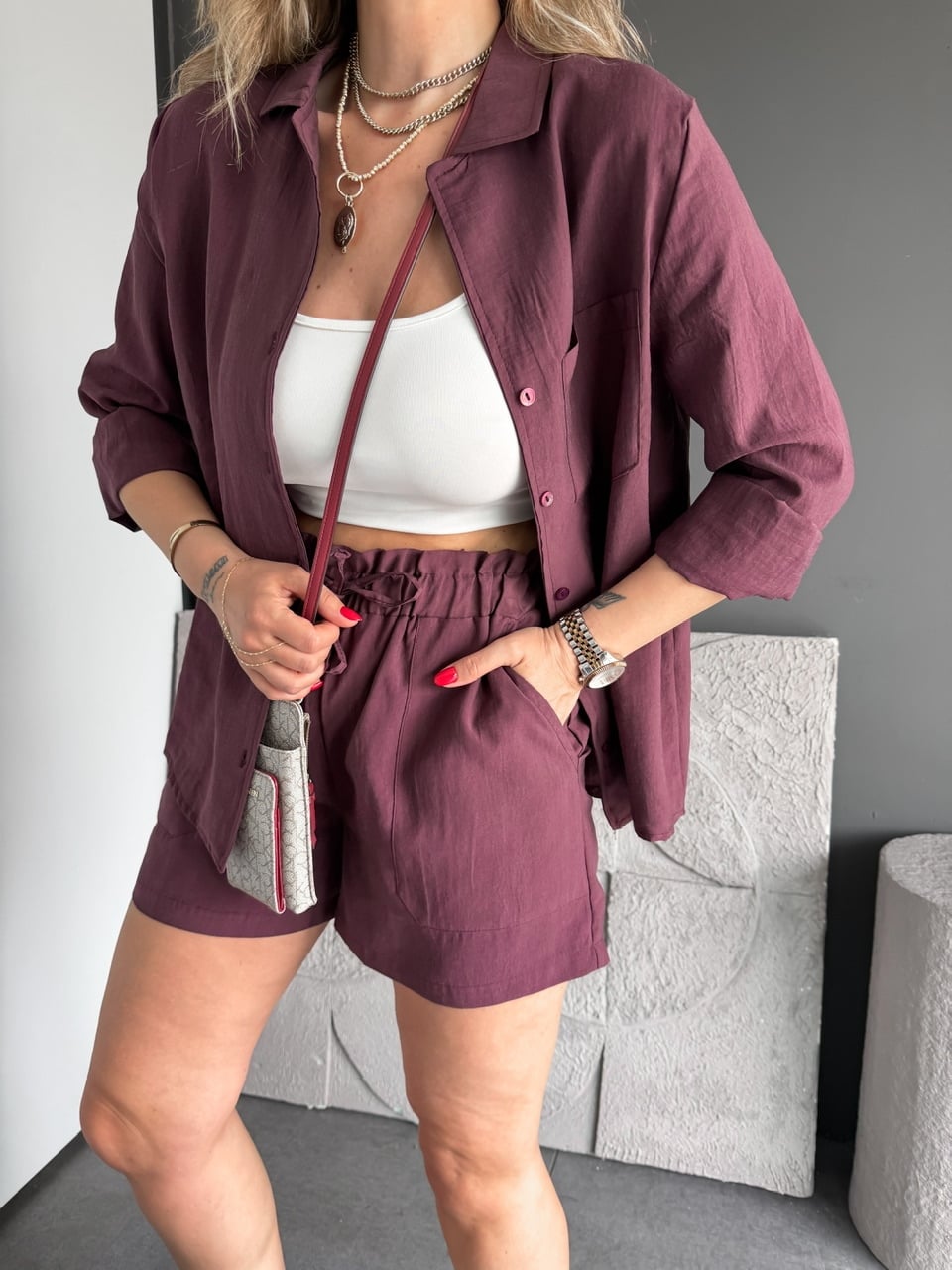 Bordo Gömlek Şortlu Zr Tensel Takım