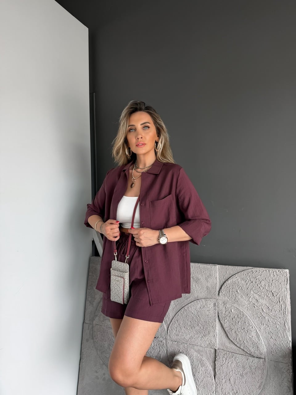 Bordo Gömlek Şortlu Zr Tensel Takım