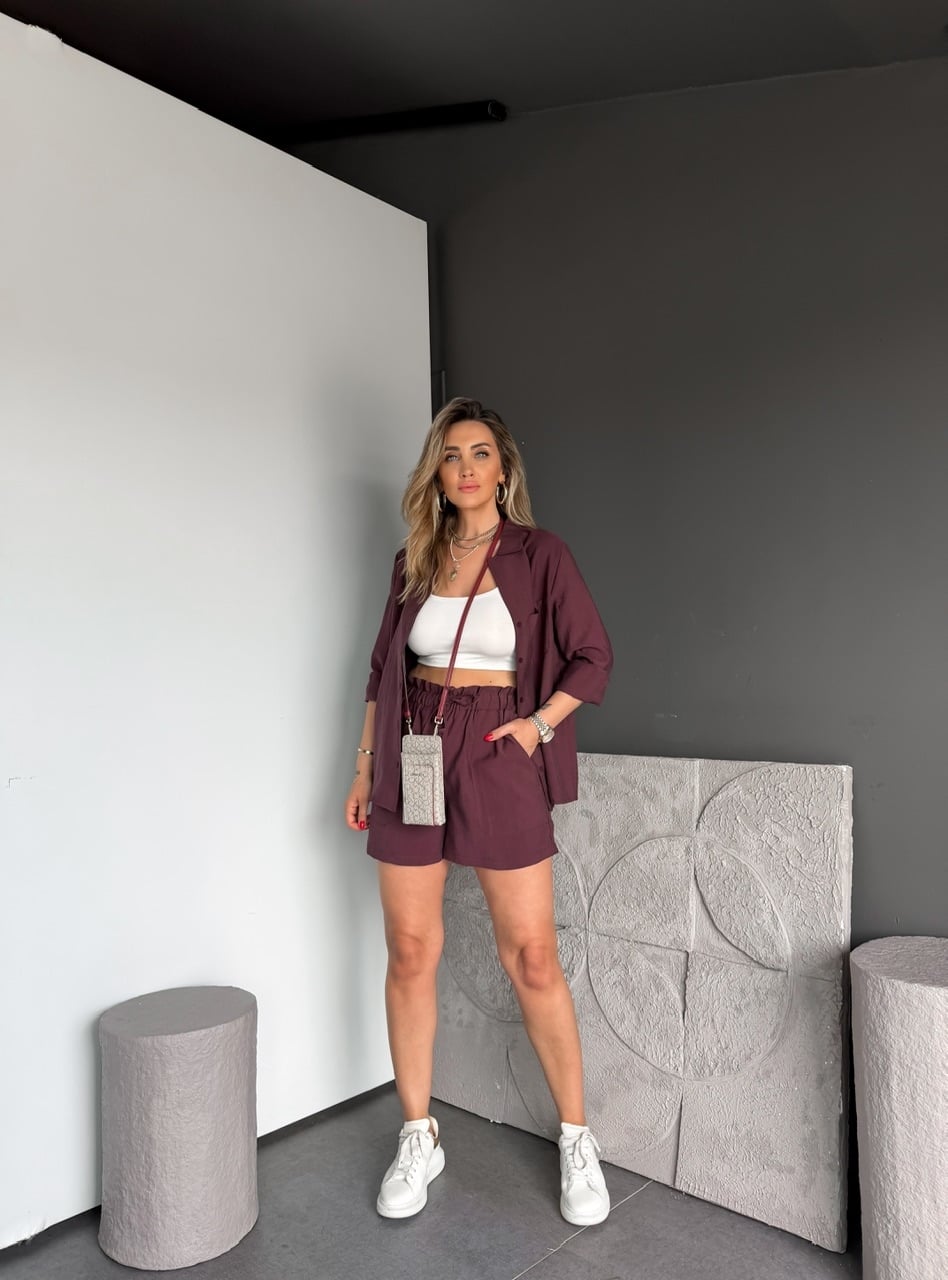 Bordo Gömlek Şortlu Zr Tensel Takım