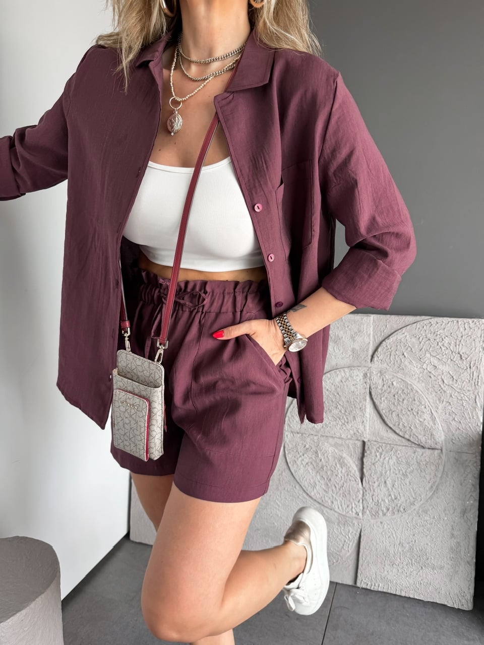 Bordo Gömlek Şortlu Zr Tensel Takım