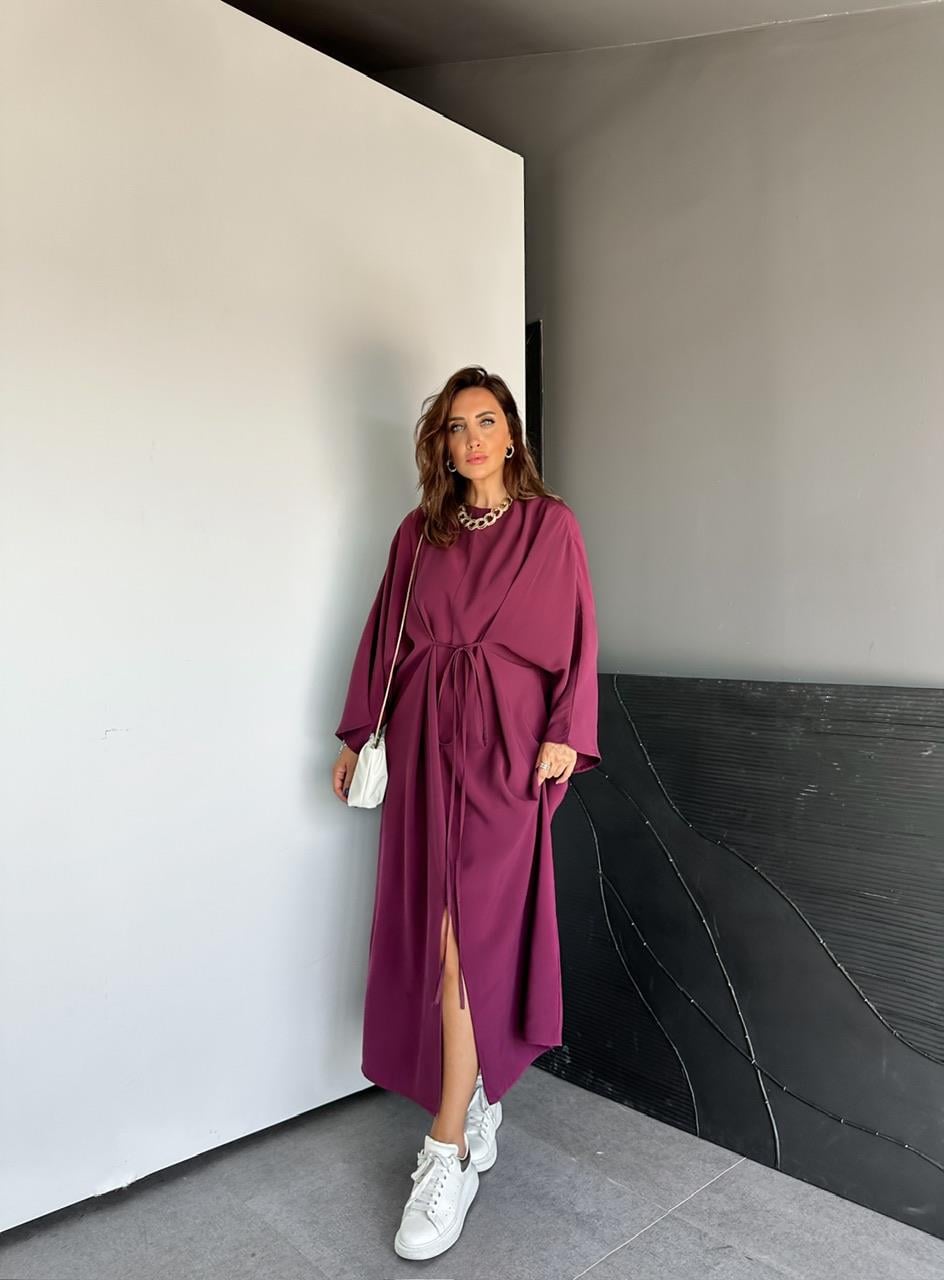 Bordo İpli Yırtmaçlı Fermuarlı Elbise