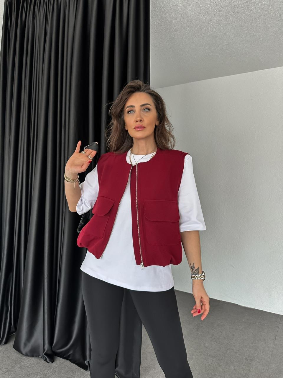 Bordo Kapak Cepli Büzgülü Yelek