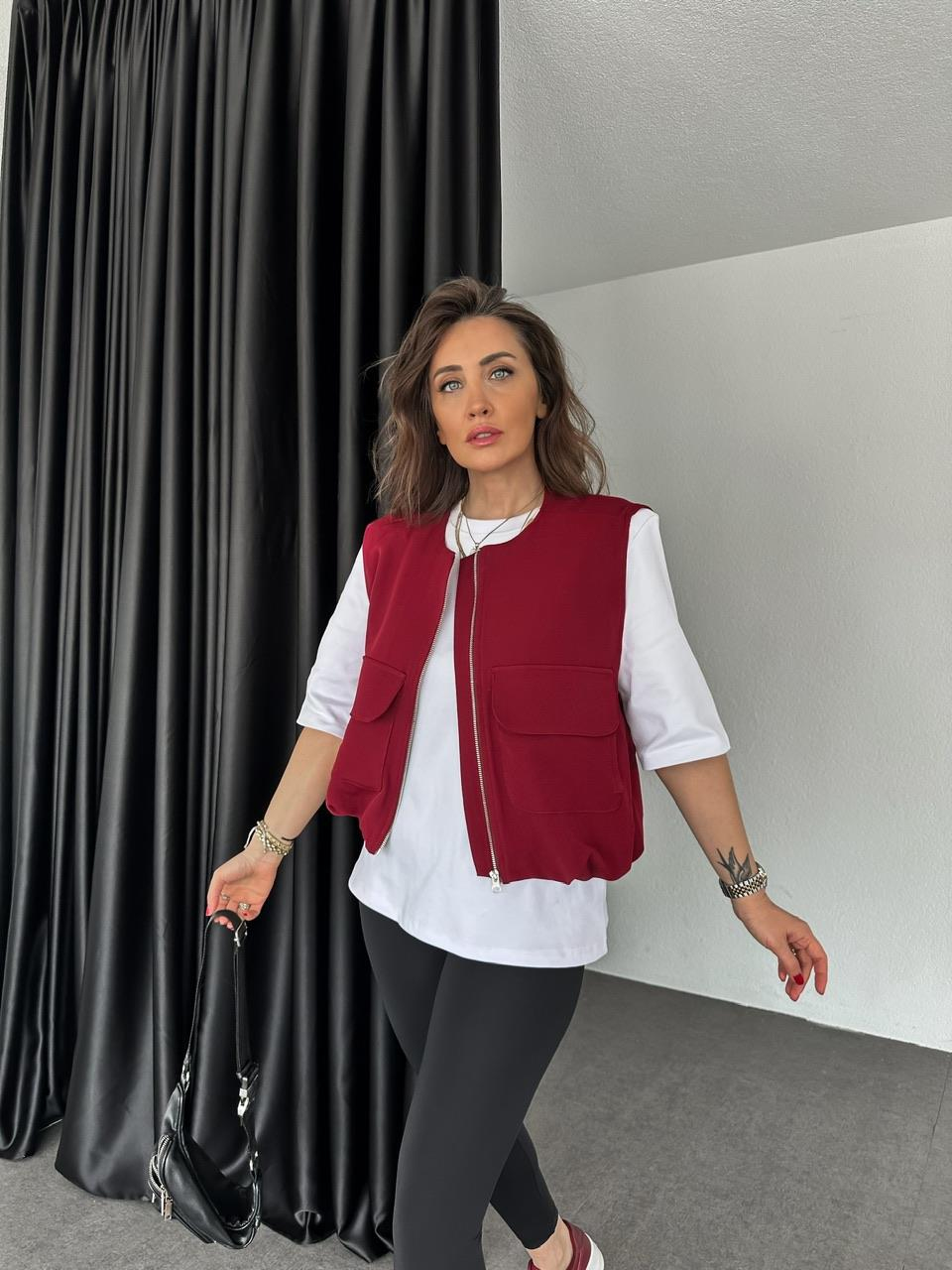 Bordo Kapak Cepli Büzgülü Yelek