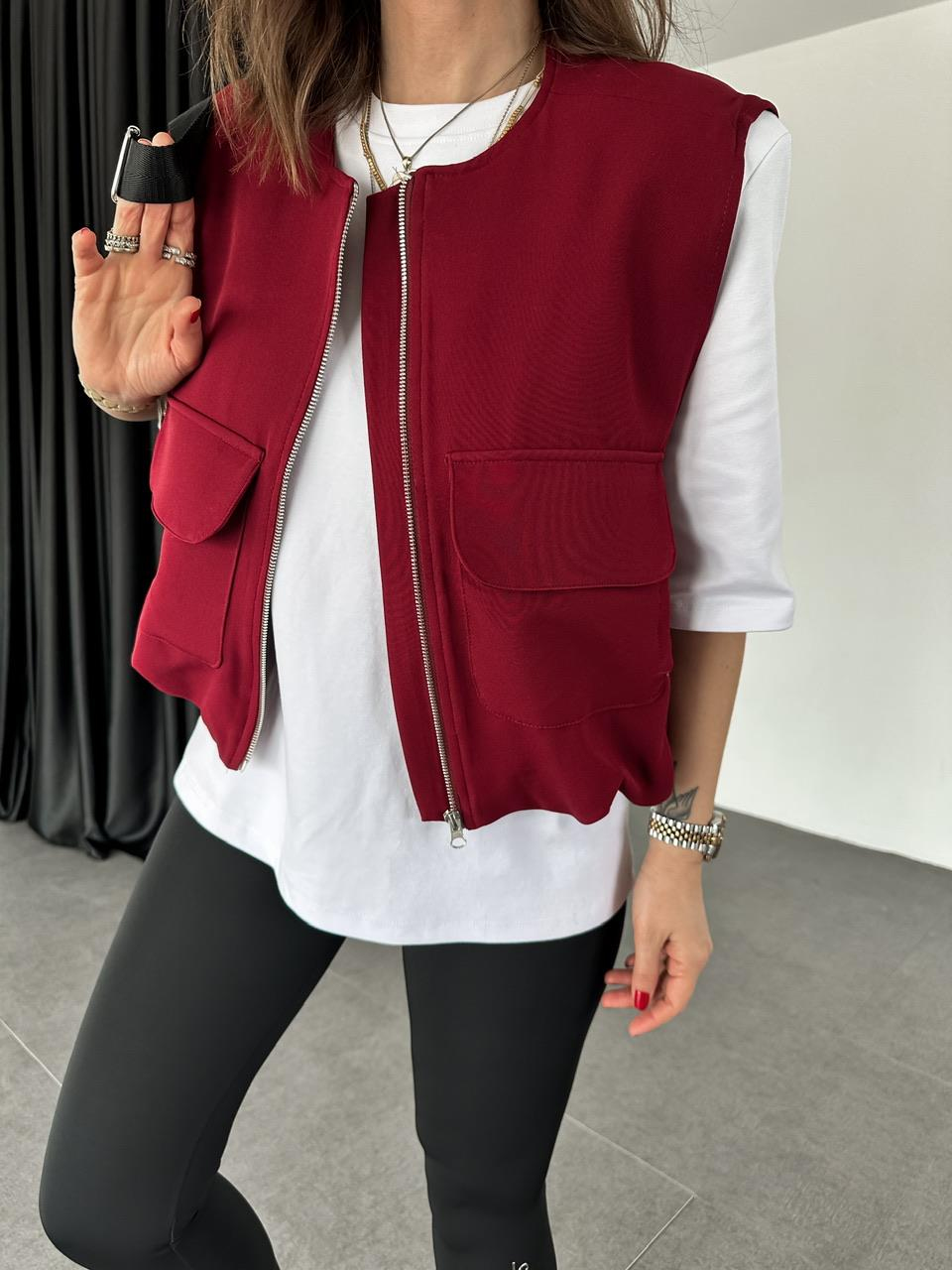 Bordo Kapak Cepli Büzgülü Yelek