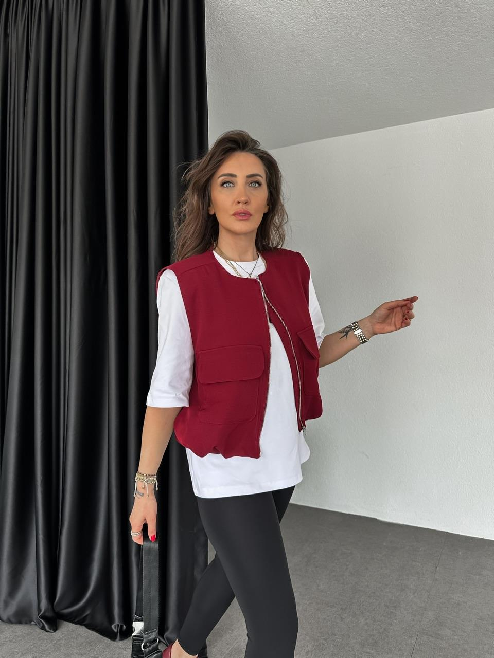 Bordo Kapak Cepli Büzgülü Yelek
