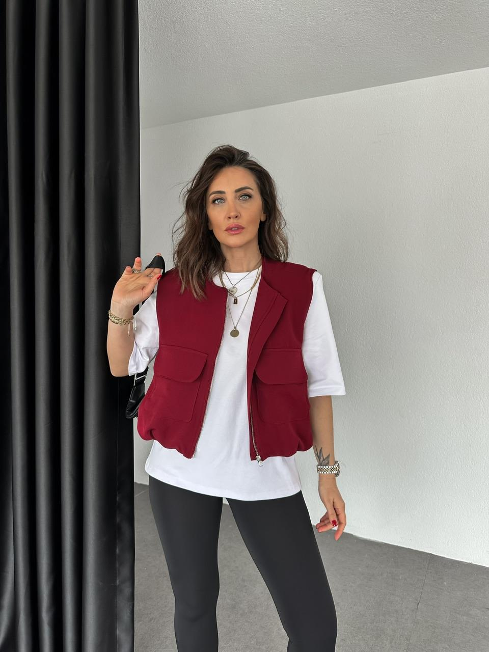 Bordo Kapak Cepli Büzgülü Yelek