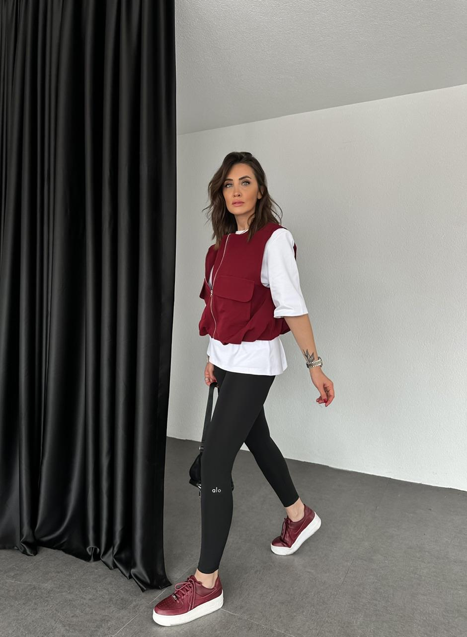 Bordo Kapak Cepli Büzgülü Yelek