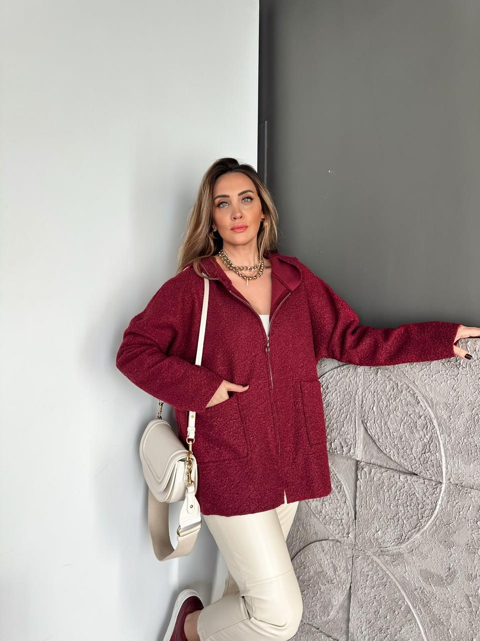Bordo Kapşonlu Fermuarlı Buklet Kaban