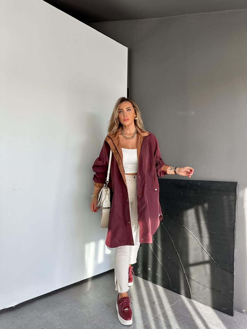 Bordo Kapşonlu Tasarım Premium Trençkot