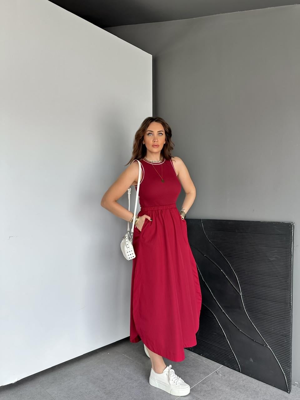 Bordo Kaşkorse Poplin Elbise