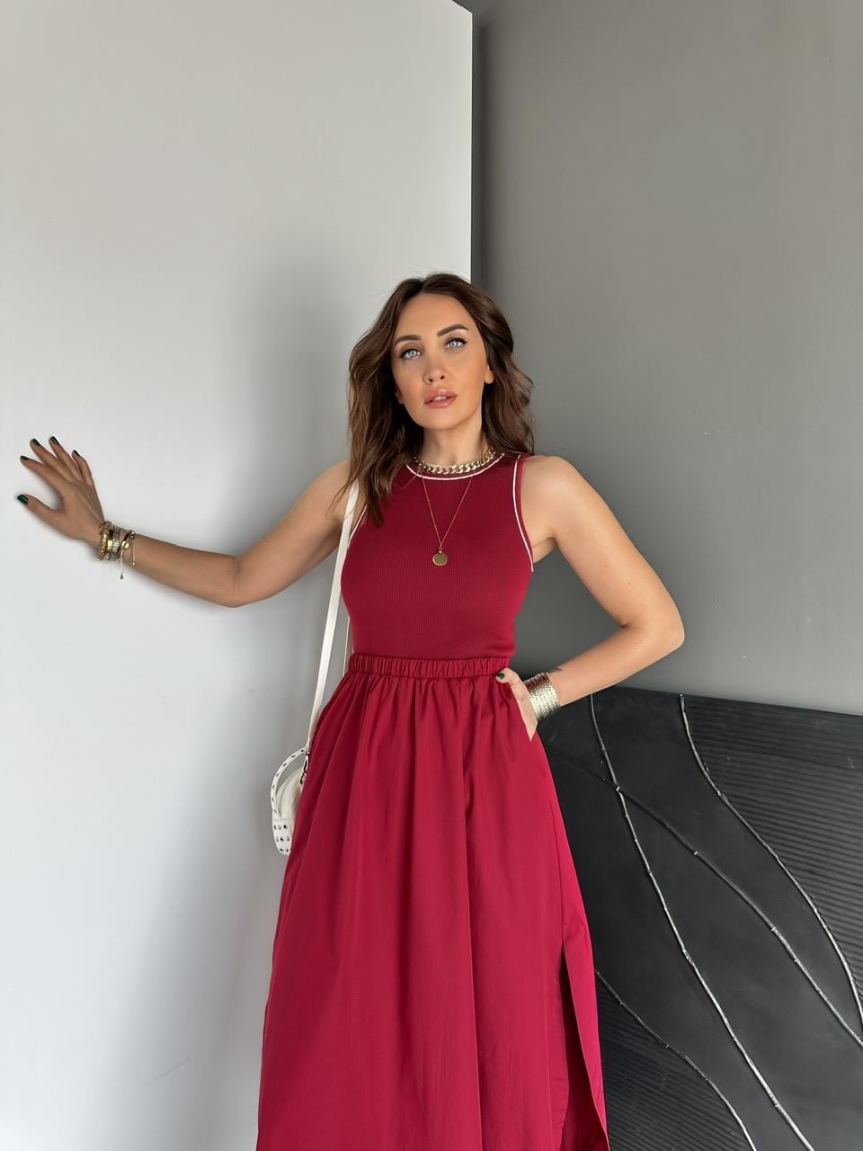 Bordo Kaşkorse Poplin Elbise