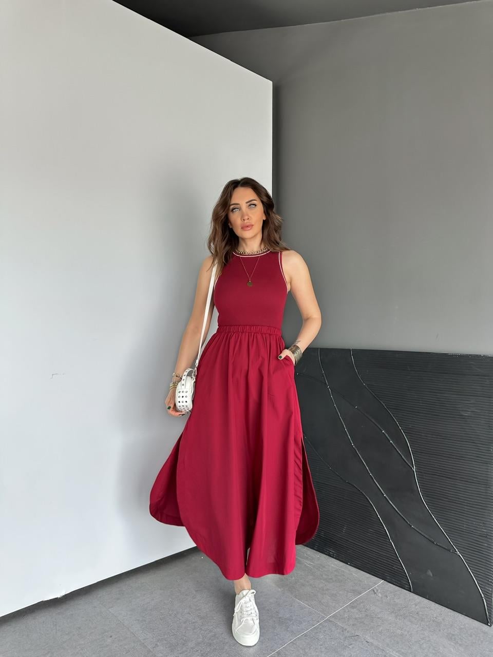 Bordo Kaşkorse Poplin Elbise