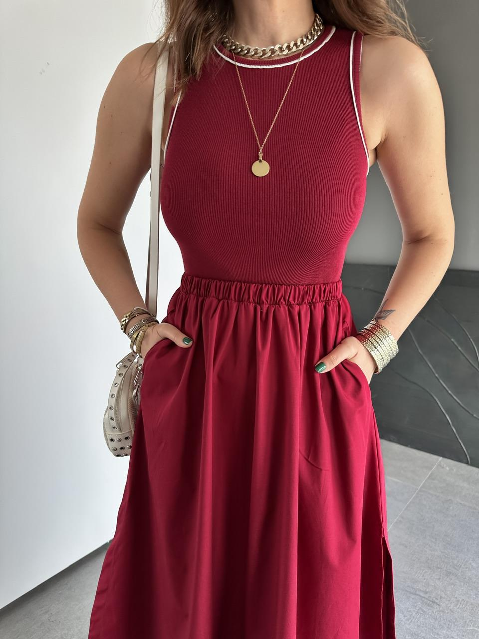 Bordo Kaşkorse Poplin Elbise
