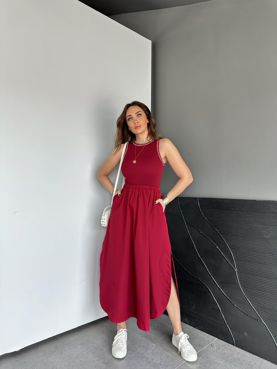 Bordo Kaşkorse Poplin Elbise