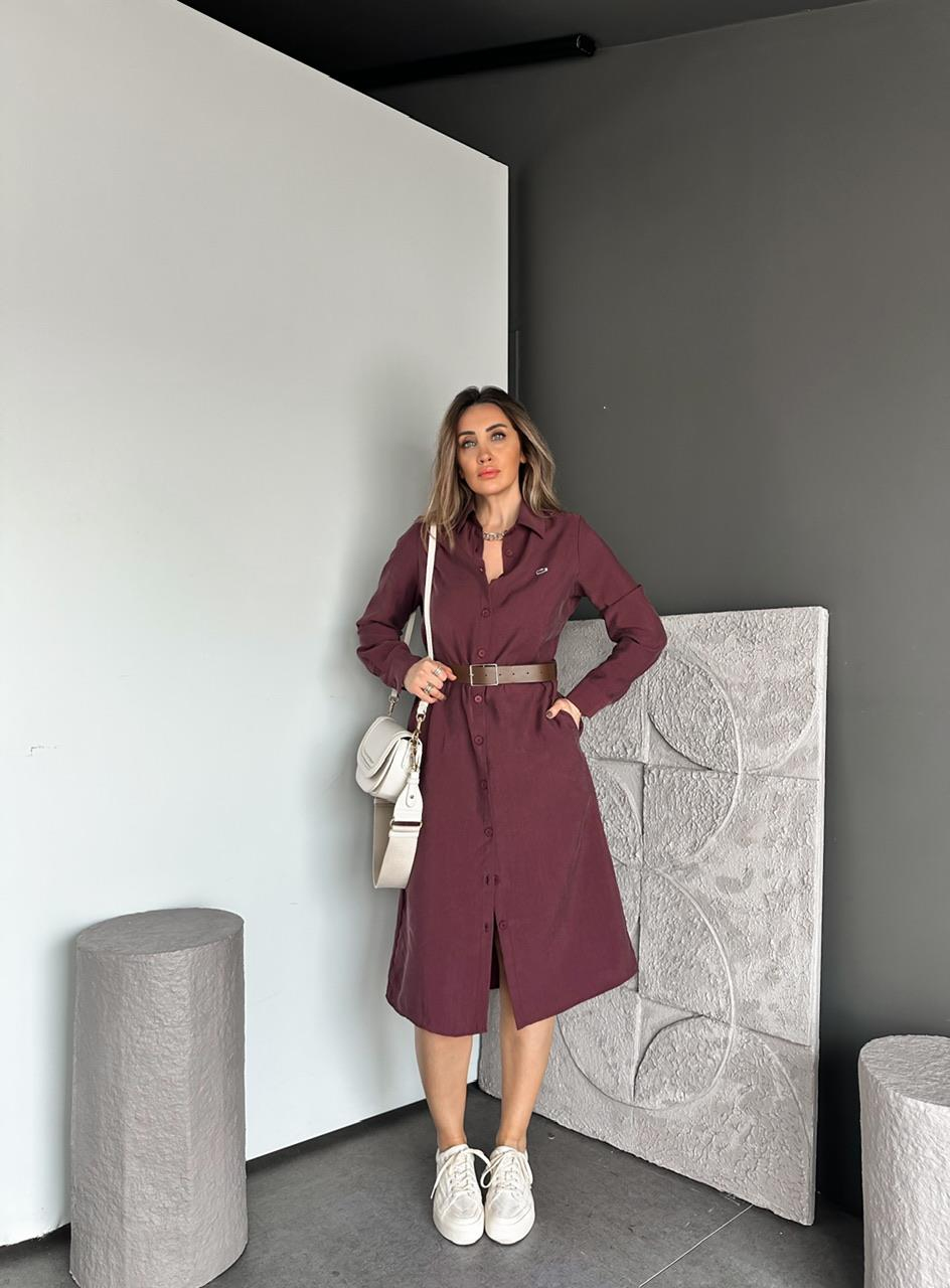 Bordo Kemerli Logolu Tensel Elbise