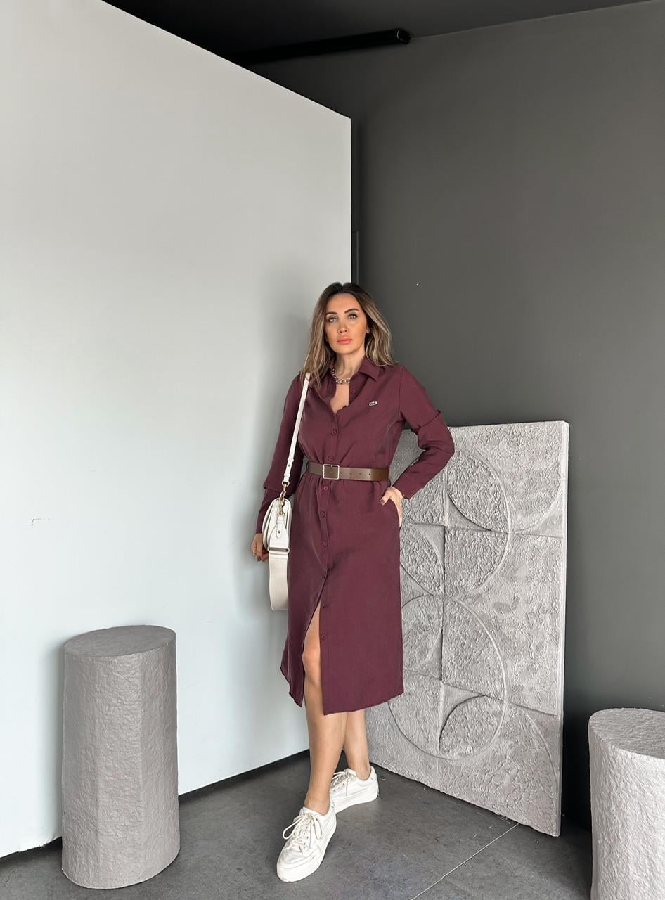Bordo Kemerli Logolu Tensel Elbise