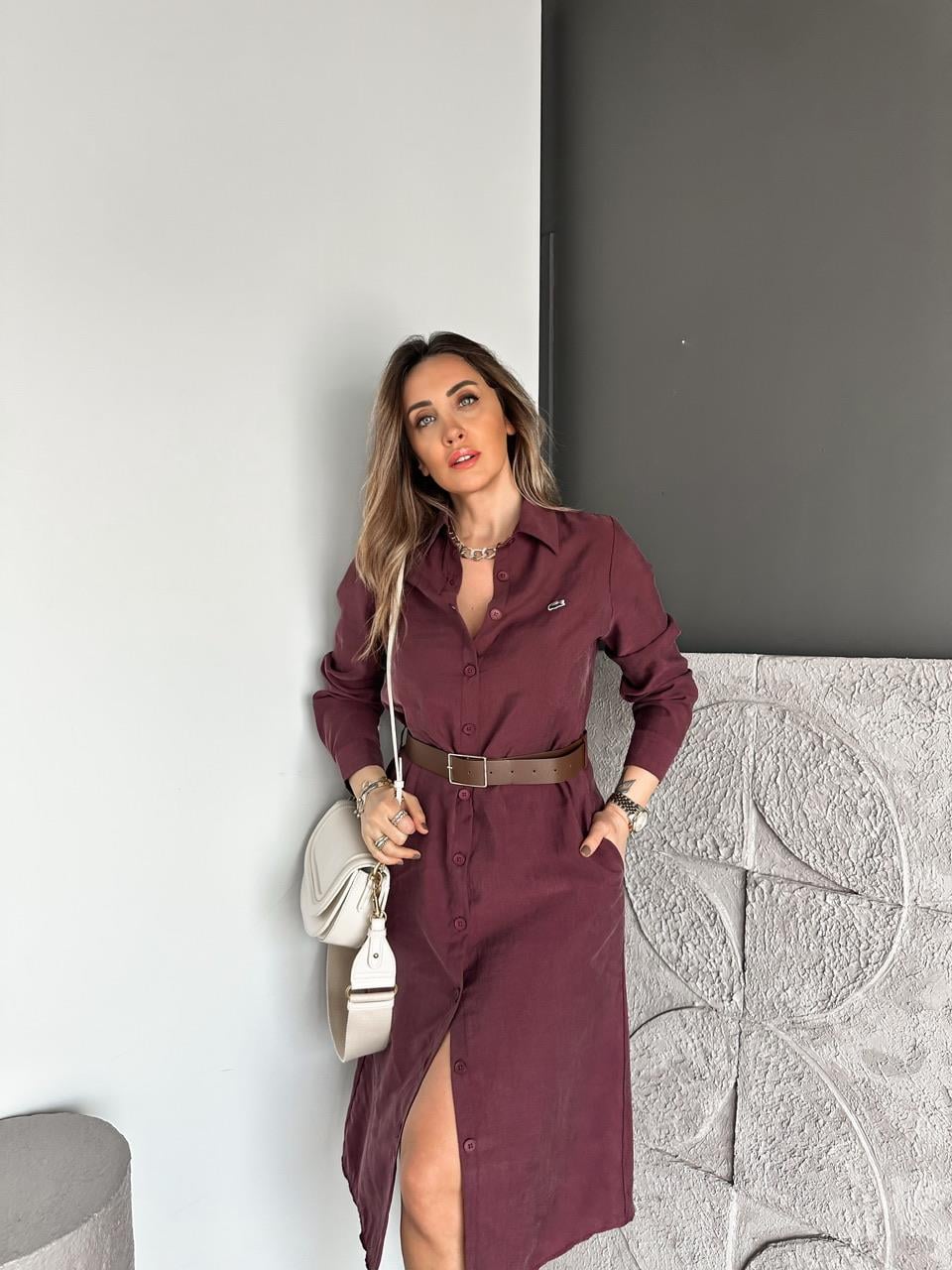 Bordo Kemerli Logolu Tensel Elbise