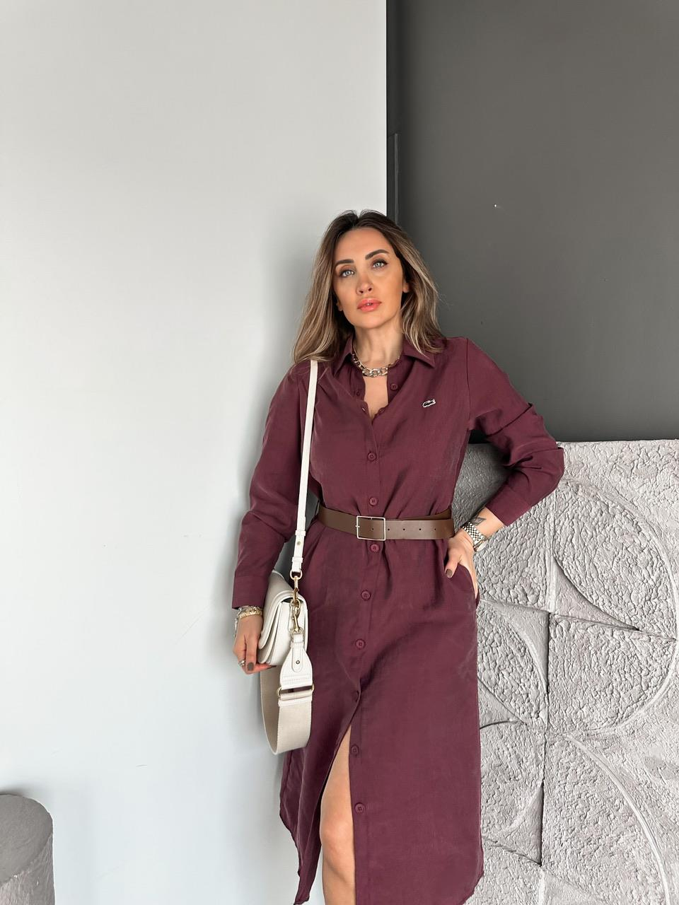 Bordo Kemerli Logolu Tensel Elbise