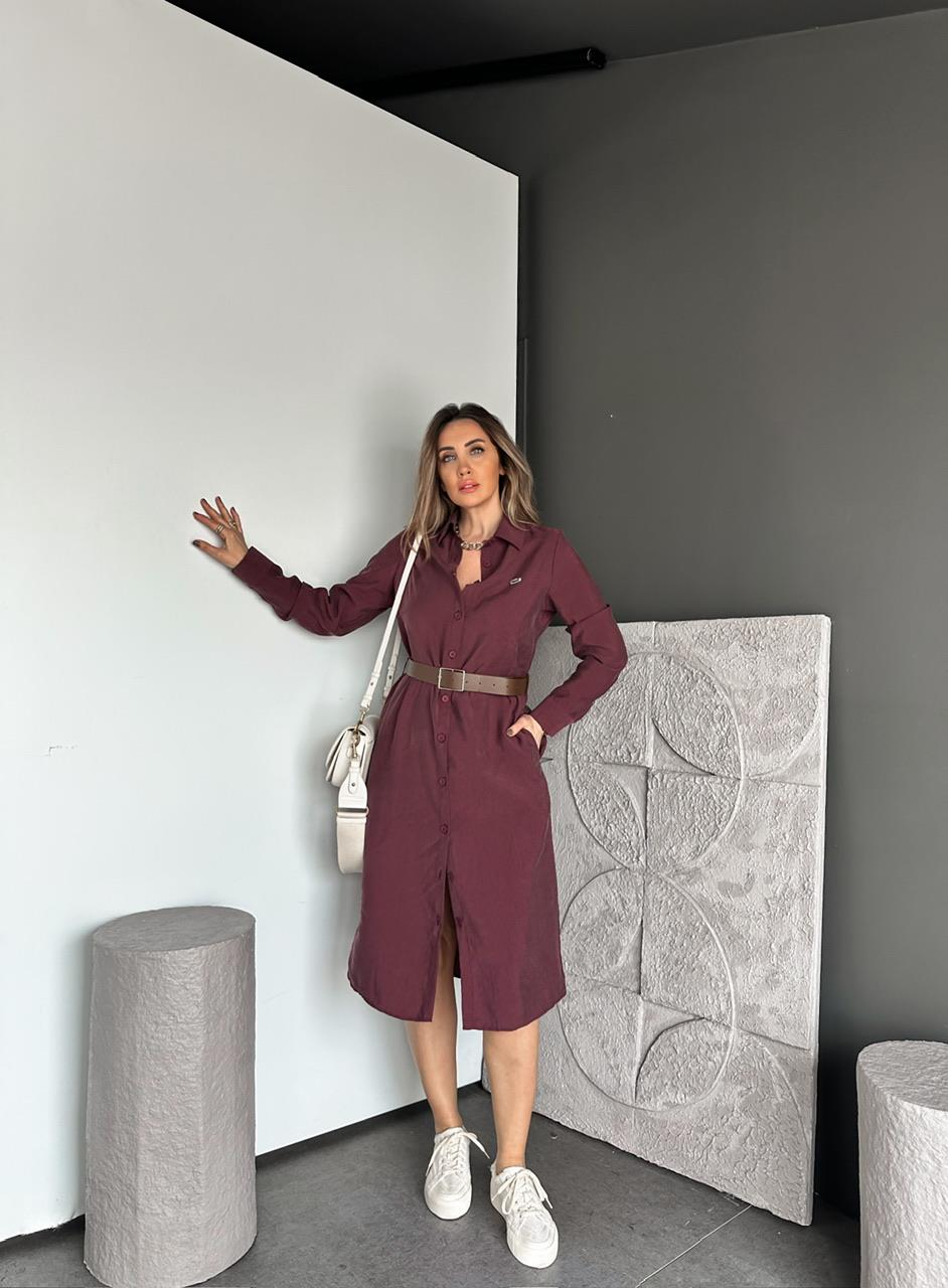 Bordo Kemerli Logolu Tensel Elbise