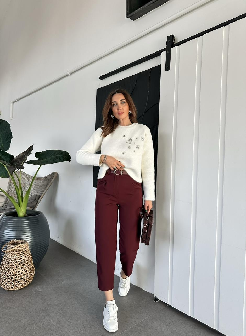 Bordo Kemerli Pensli Pantolon