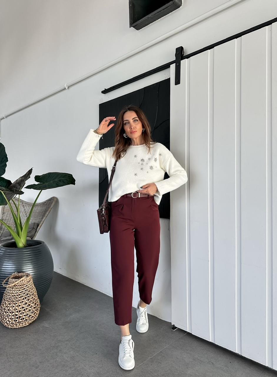 Bordo Kemerli Pensli Pantolon