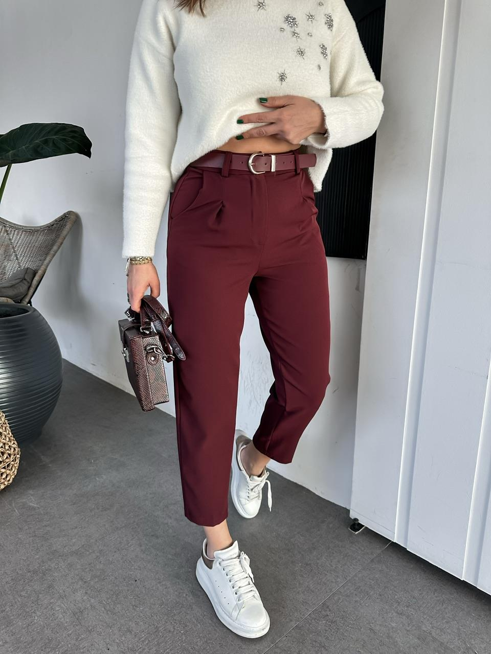 Bordo Kemerli Pensli Pantolon