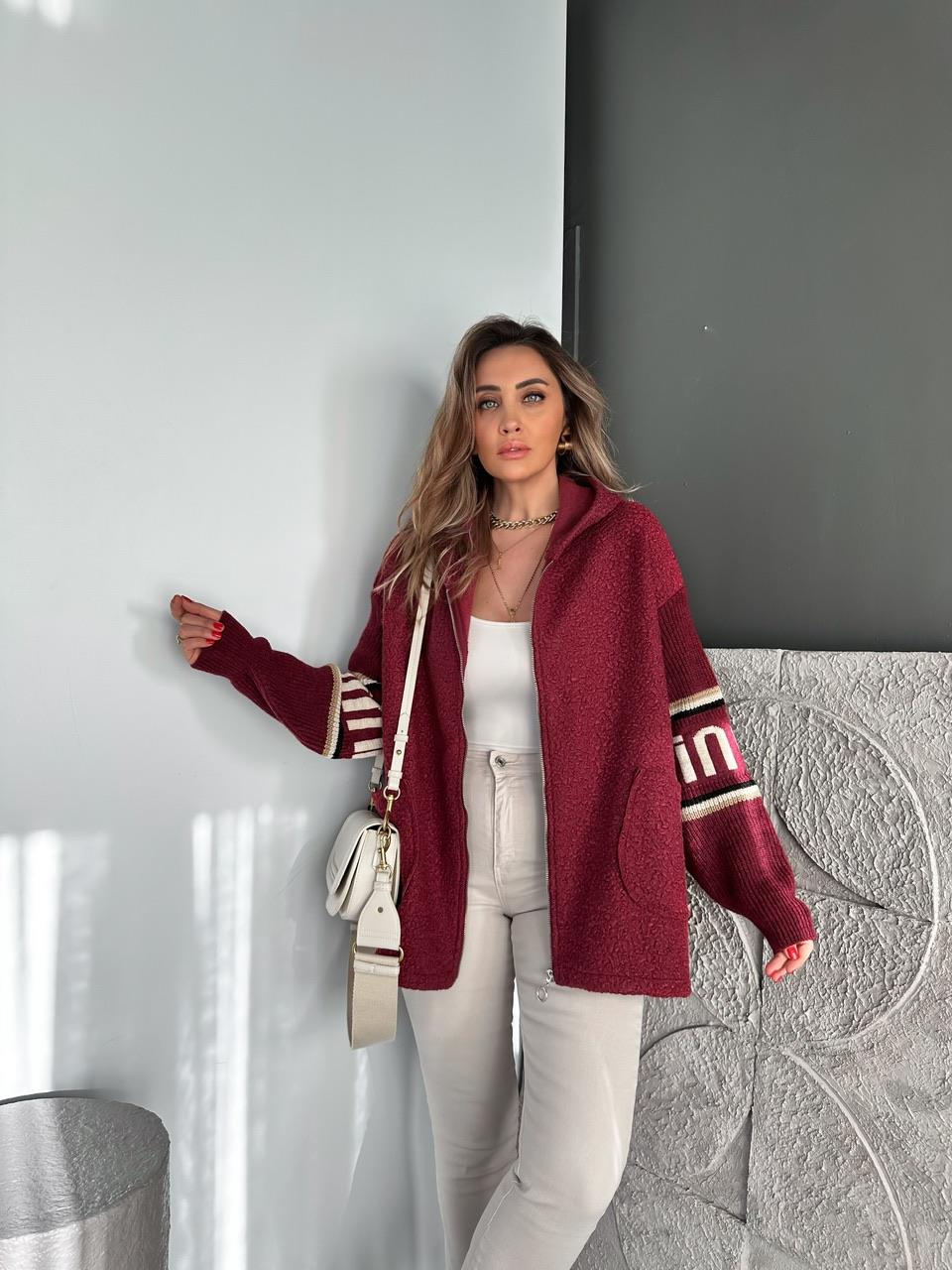Bordo Kolları Triko Buklet Kaban