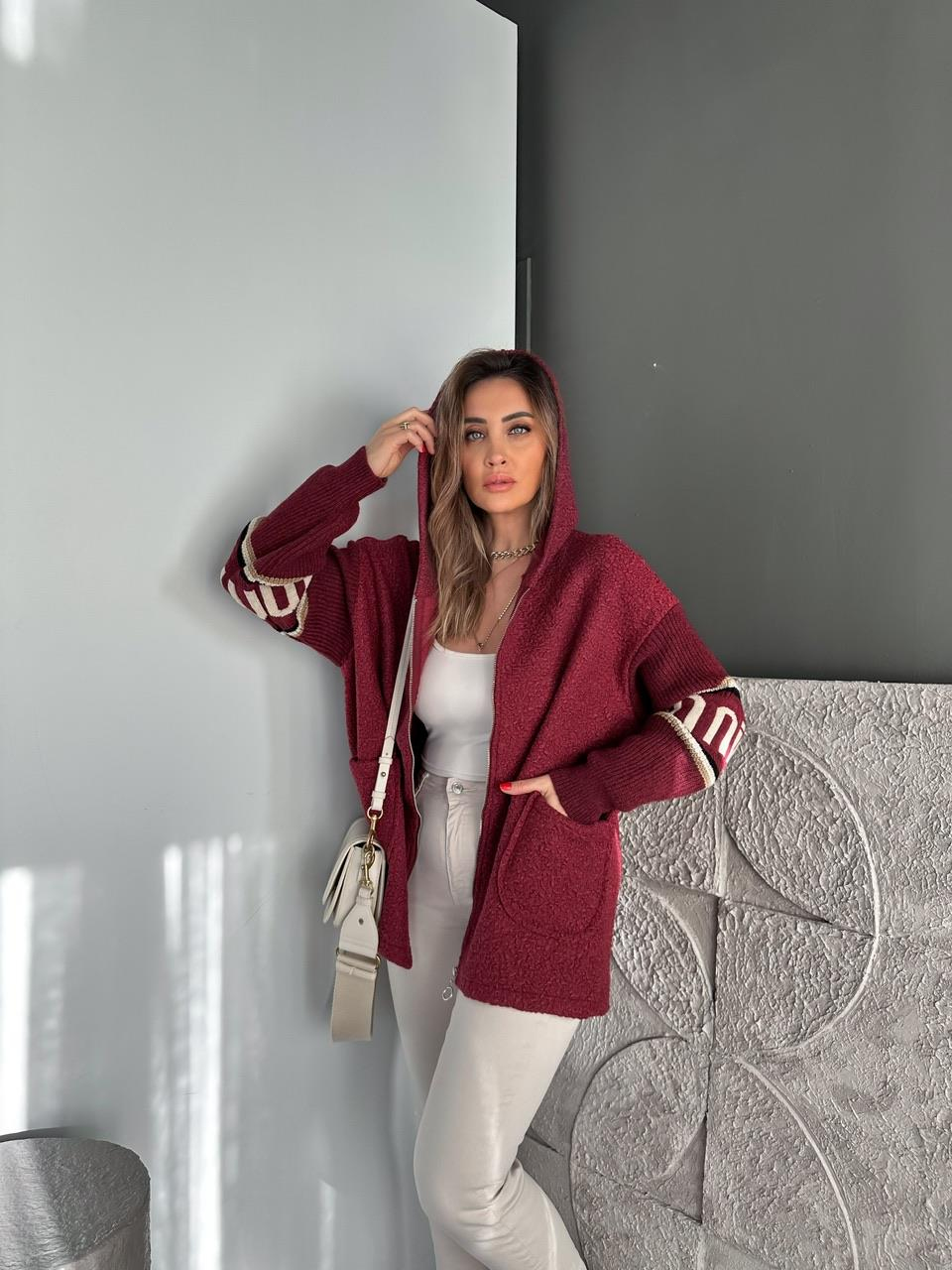 Bordo Kolları Triko Buklet Kaban