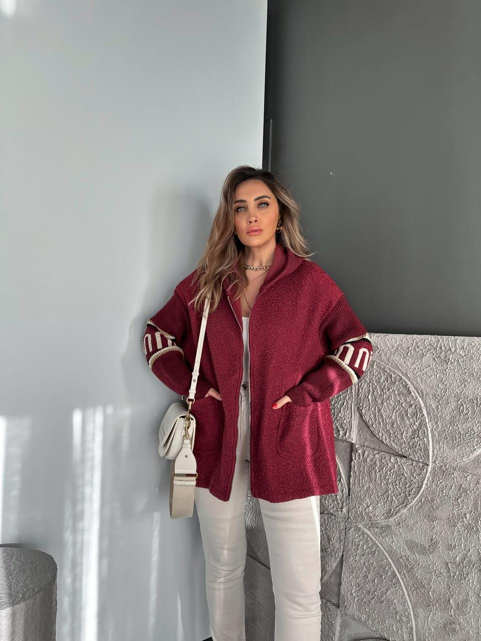 Bordo Kolları Triko Buklet Kaban