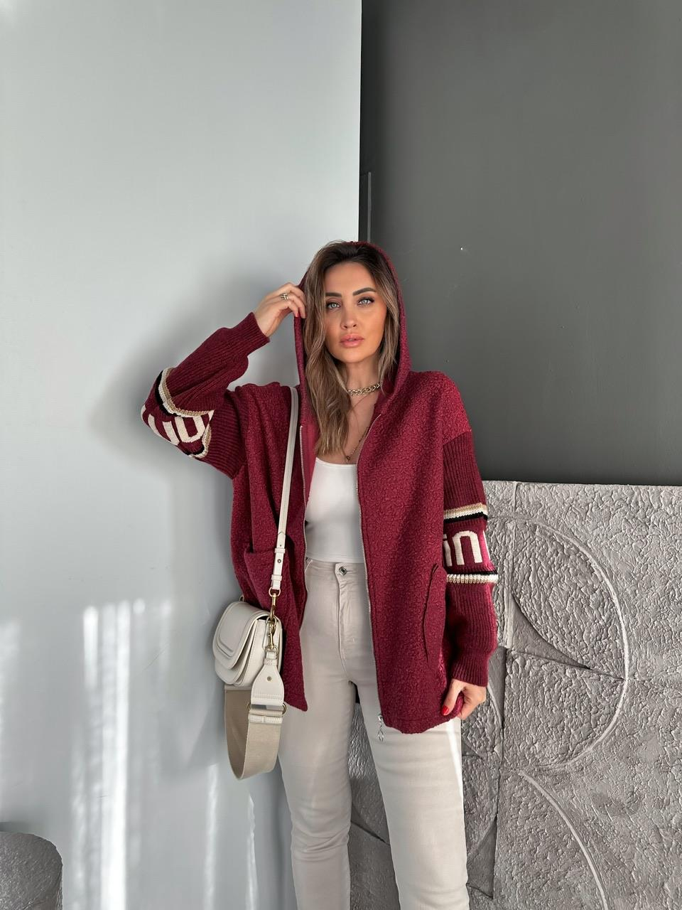 Bordo Kolları Triko Buklet Kaban