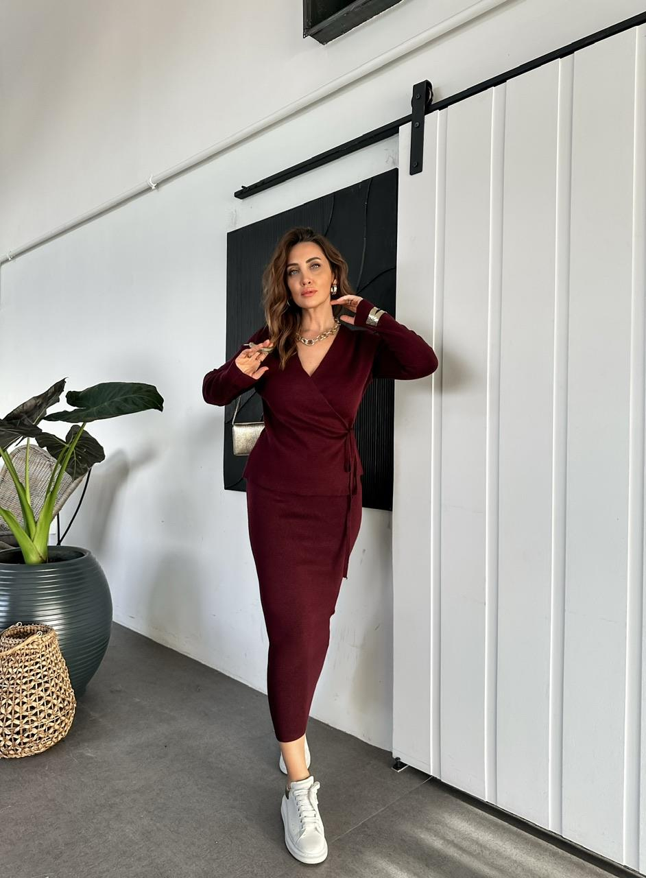 Bordo Kruvaze Etekli Triko Takım