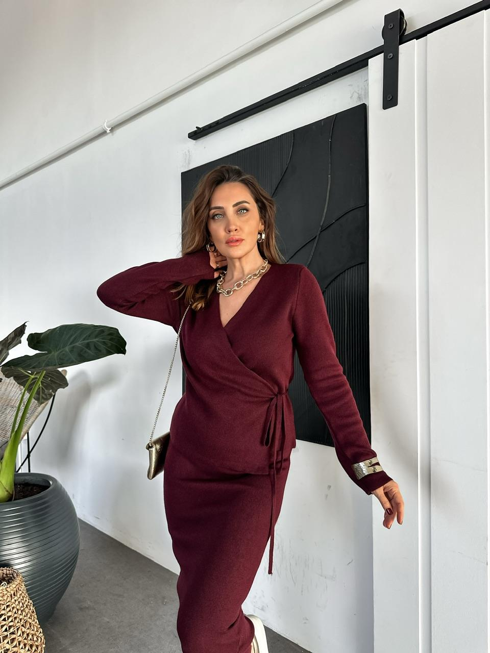 Bordo Kruvaze Etekli Triko Takım