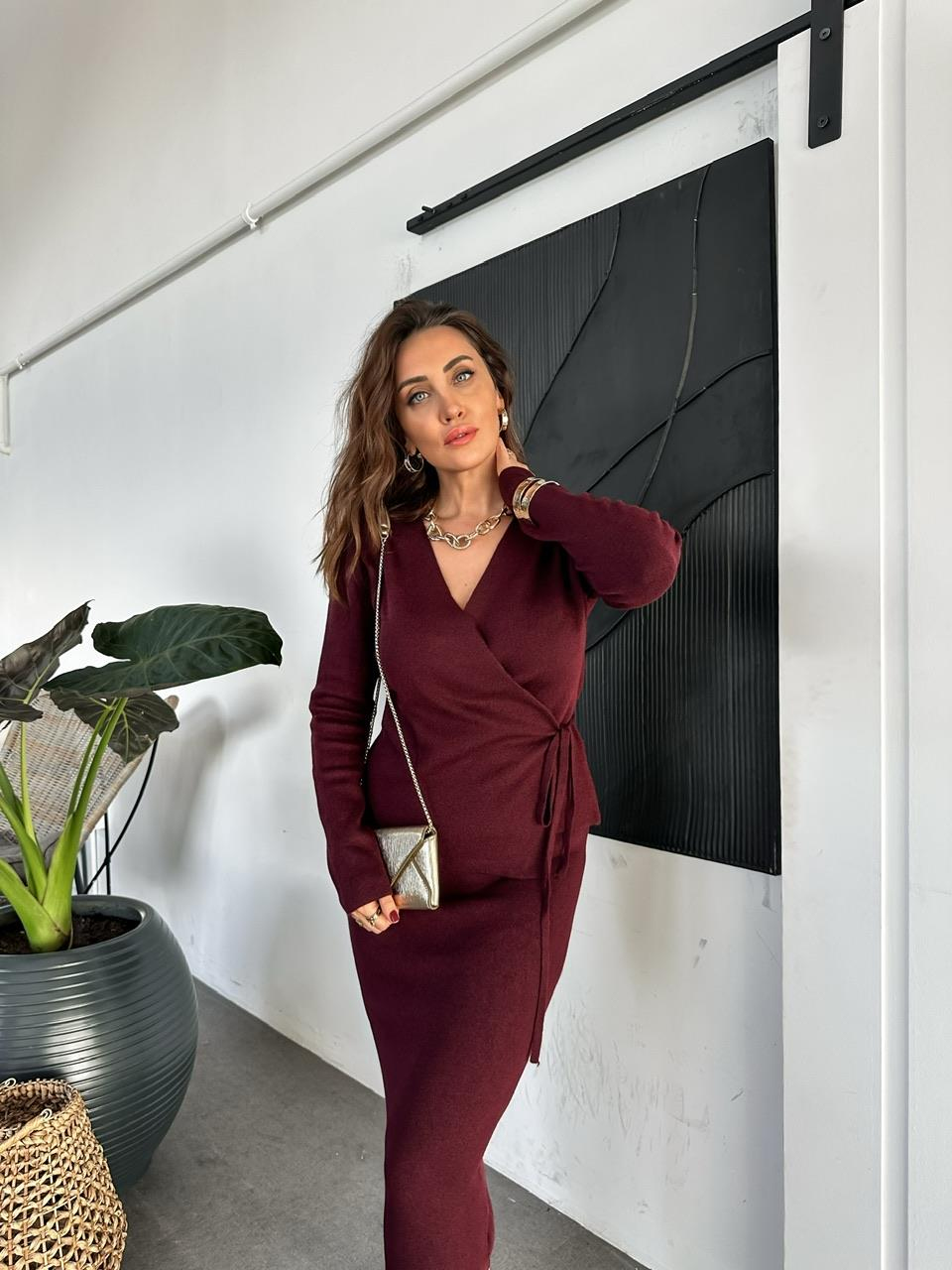 Bordo Kruvaze Etekli Triko Takım