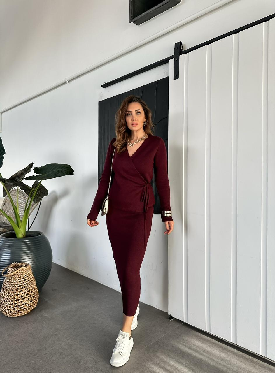 Bordo Kruvaze Etekli Triko Takım