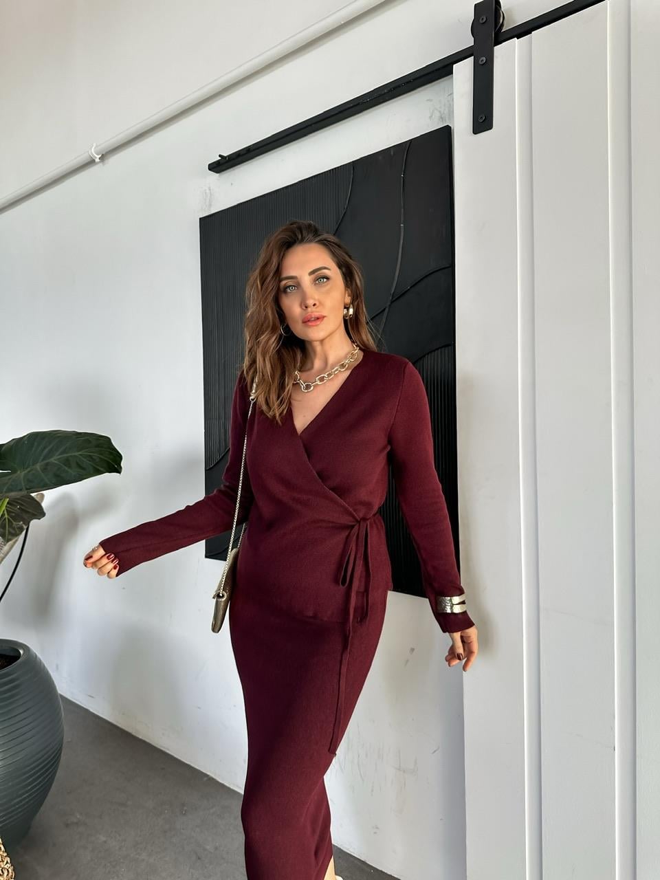 Bordo Kruvaze Etekli Triko Takım
