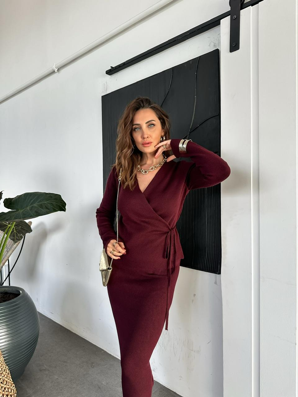 Bordo Kruvaze Etekli Triko Takım