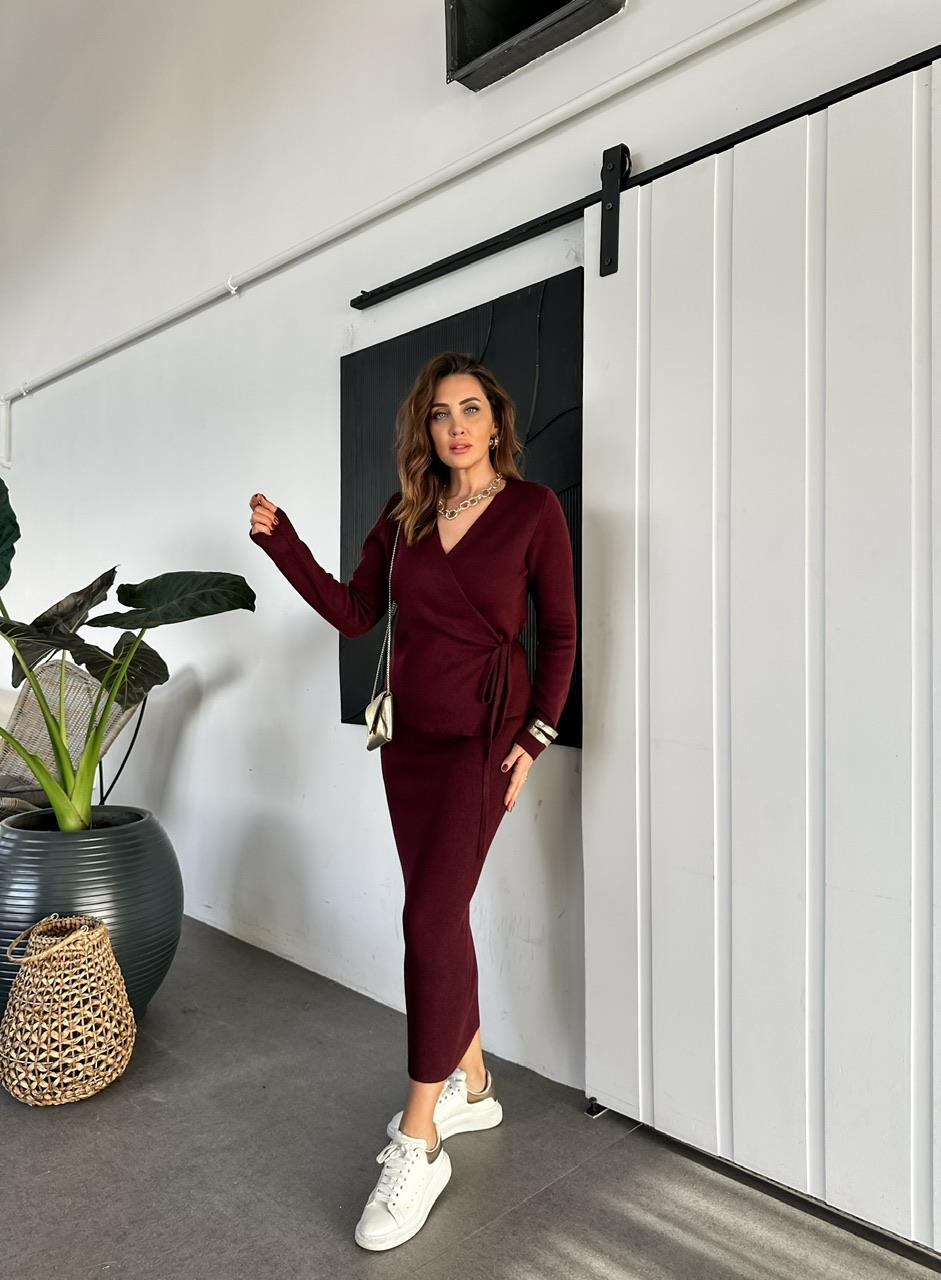 Bordo Kruvaze Etekli Triko Takım