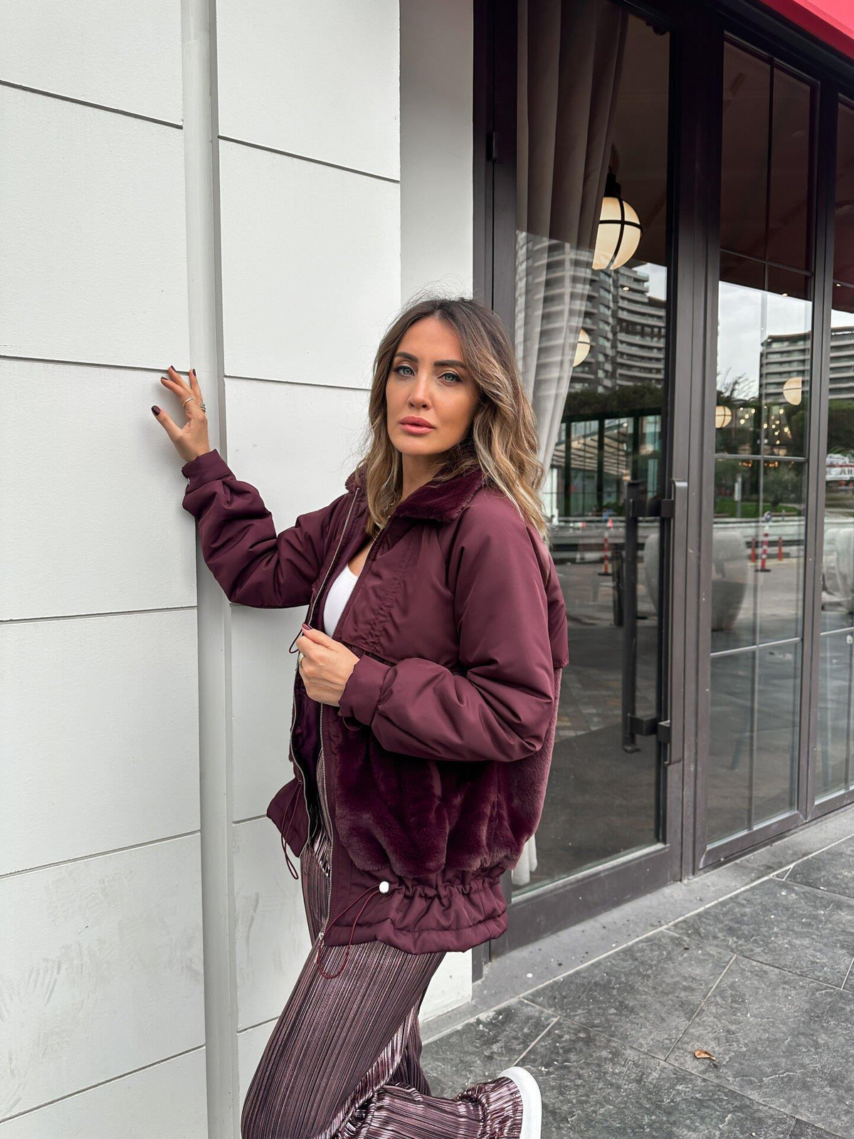 Bordo Kürklü Büzgülü Mont