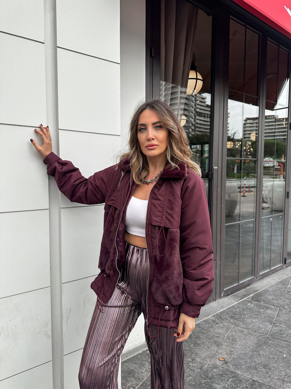 Bordo Kürklü Büzgülü Mont