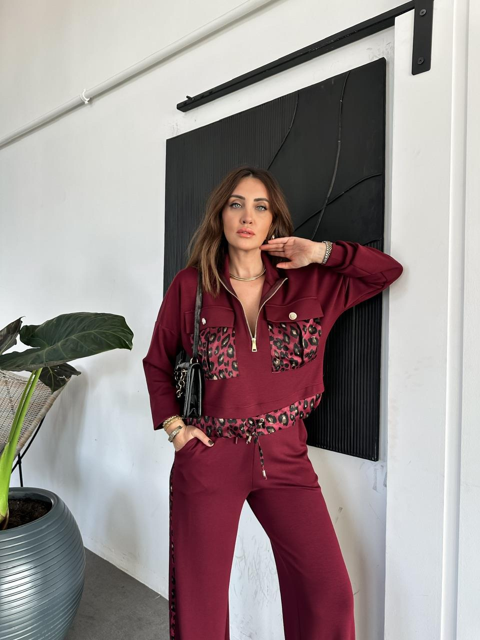Bordo Leopar Parçalı Modal Takım