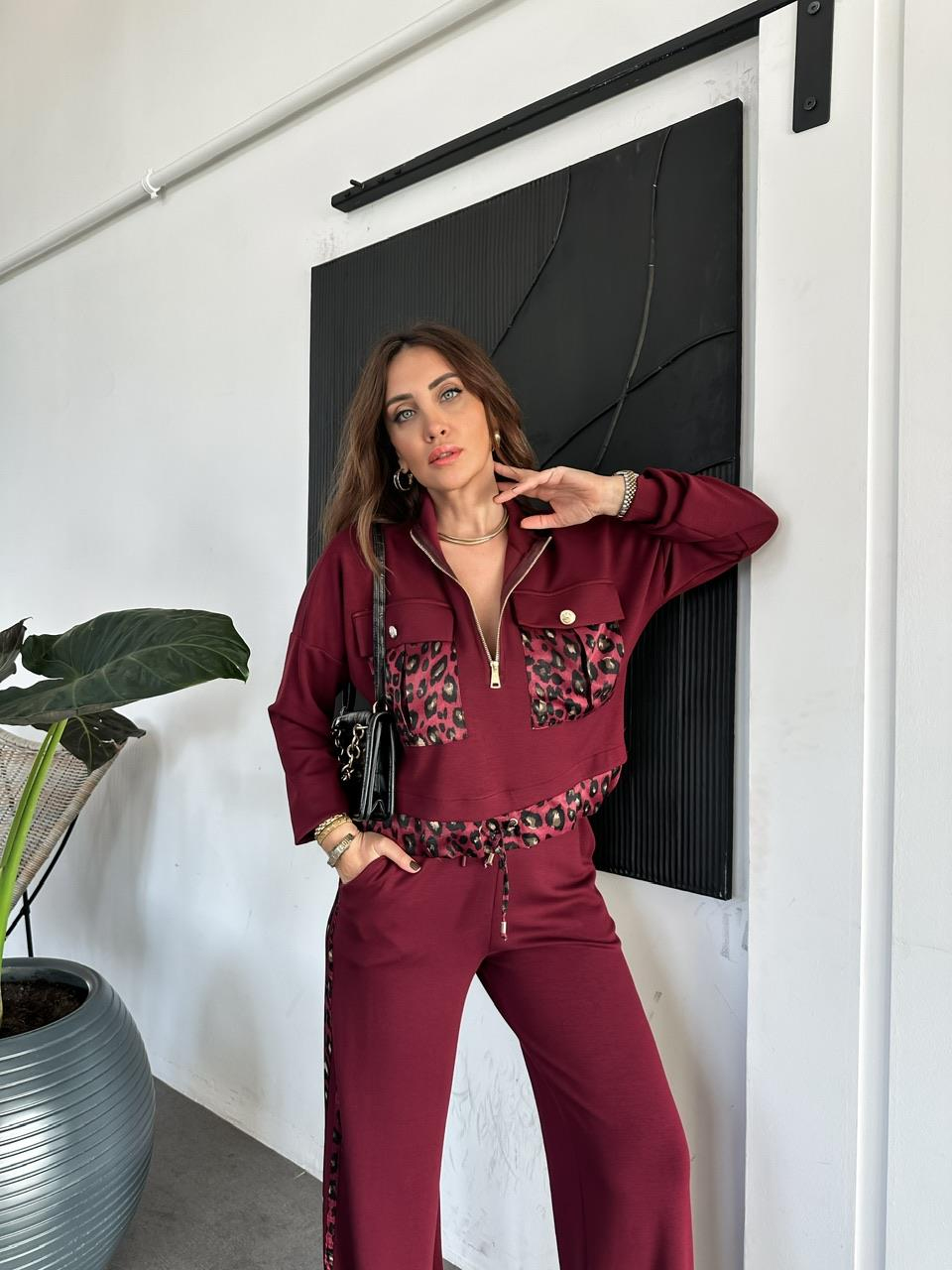 Bordo Leopar Parçalı Modal Takım