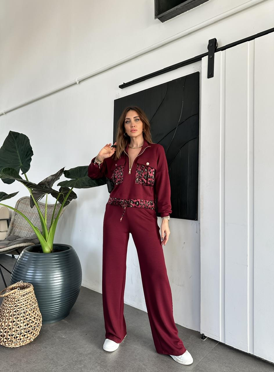 Bordo Leopar Parçalı Modal Takım