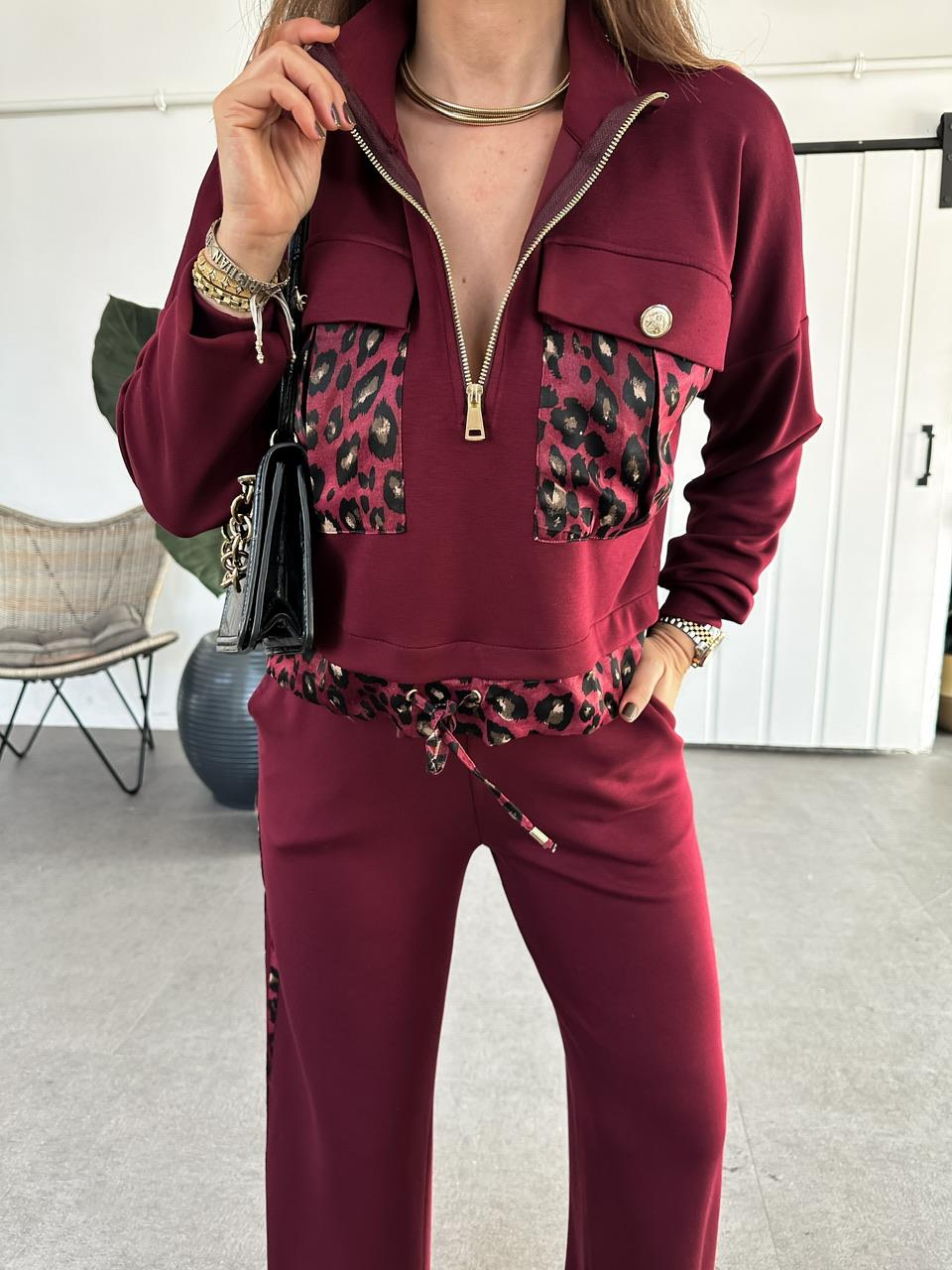 Bordo Leopar Parçalı Modal Takım