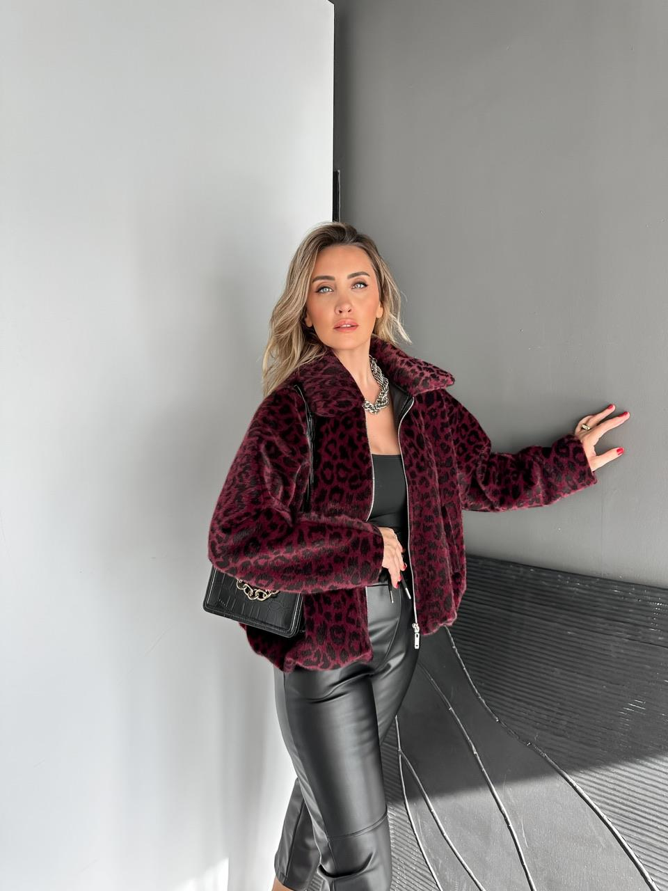 Bordo Leoparlı Deve Tüyü Bomber Mont
