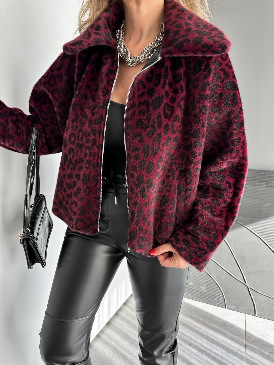 Bordo Leoparlı Deve Tüyü Bomber Mont