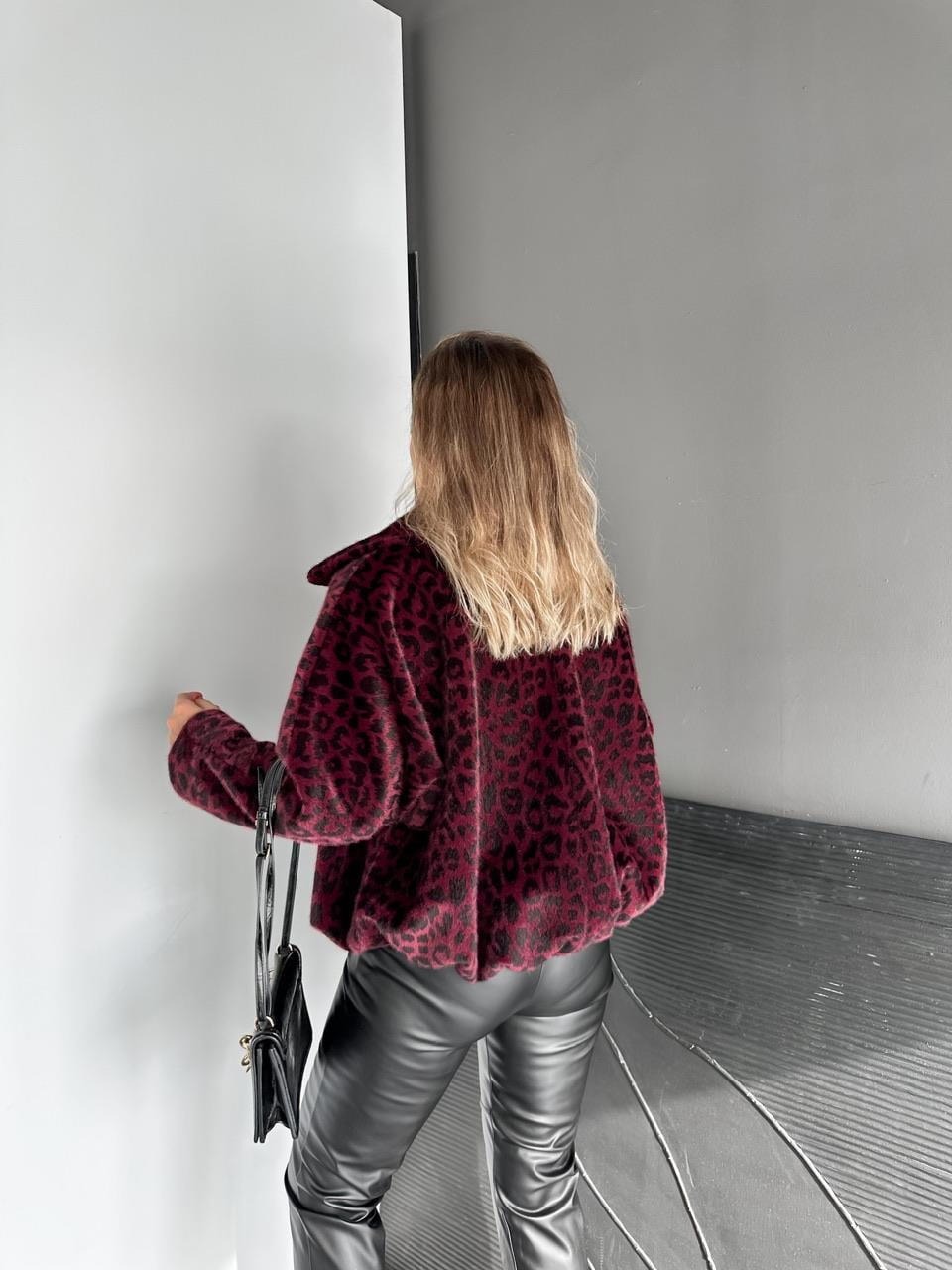 Bordo Leoparlı Deve Tüyü Bomber Mont