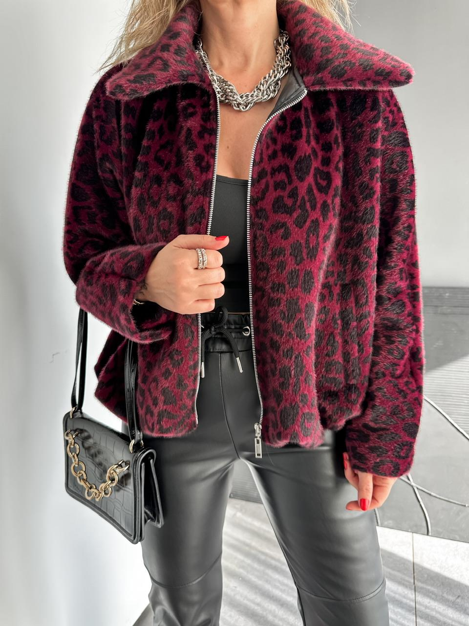 Bordo Leoparlı Deve Tüyü Bomber Mont