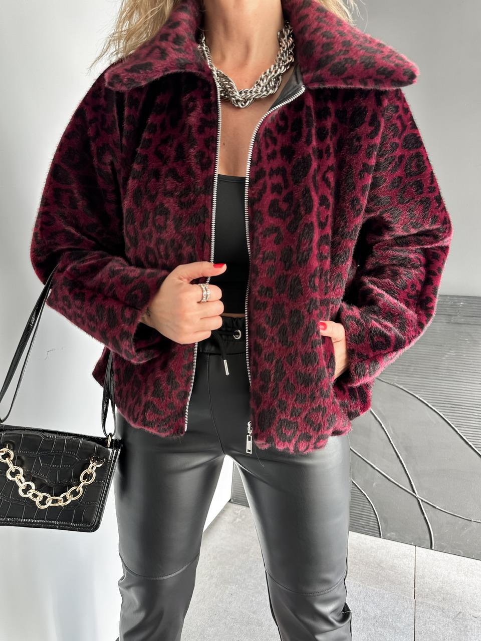 Bordo Leoparlı Deve Tüyü Bomber Mont