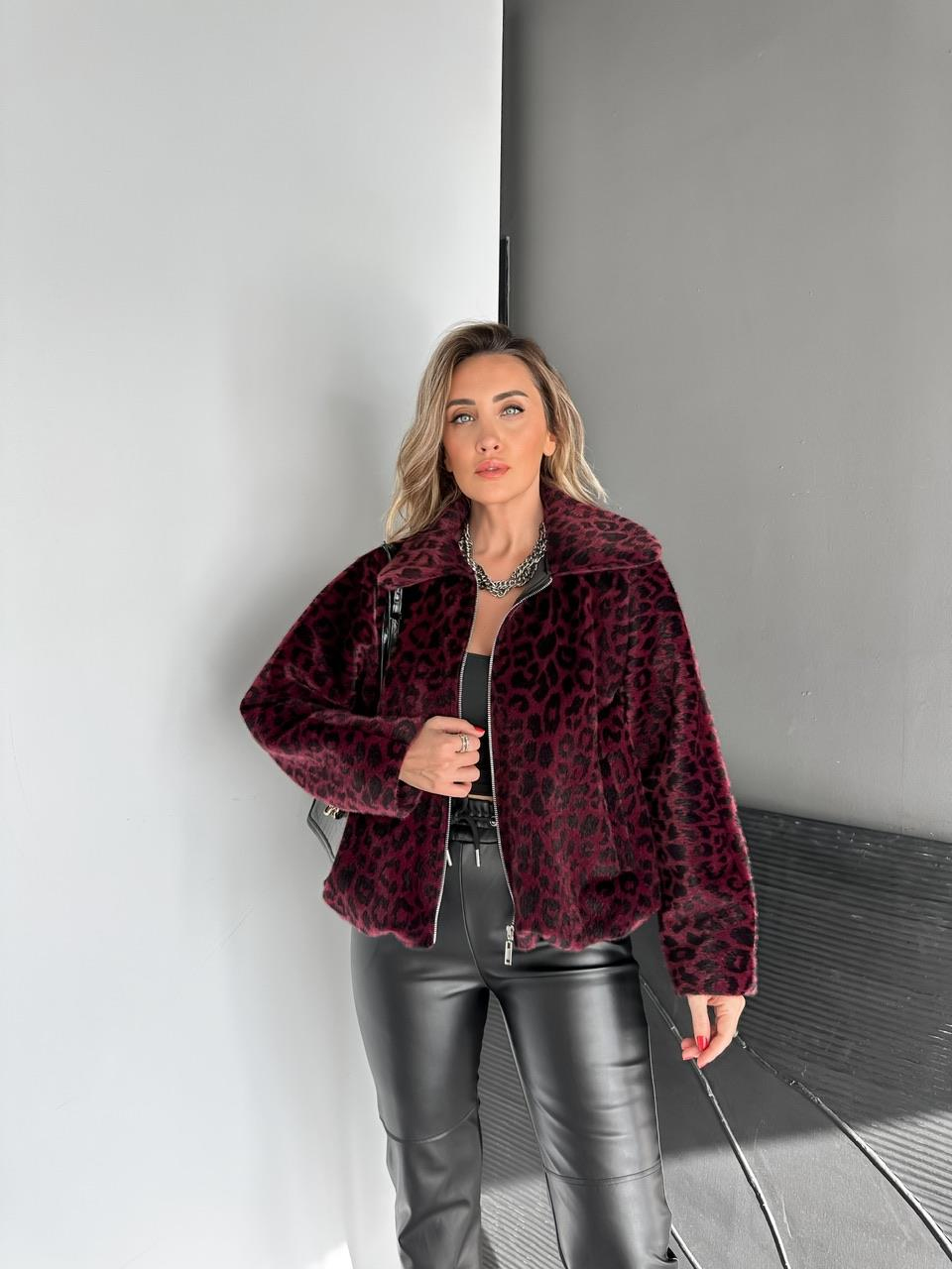 Bordo Leoparlı Deve Tüyü Bomber Mont